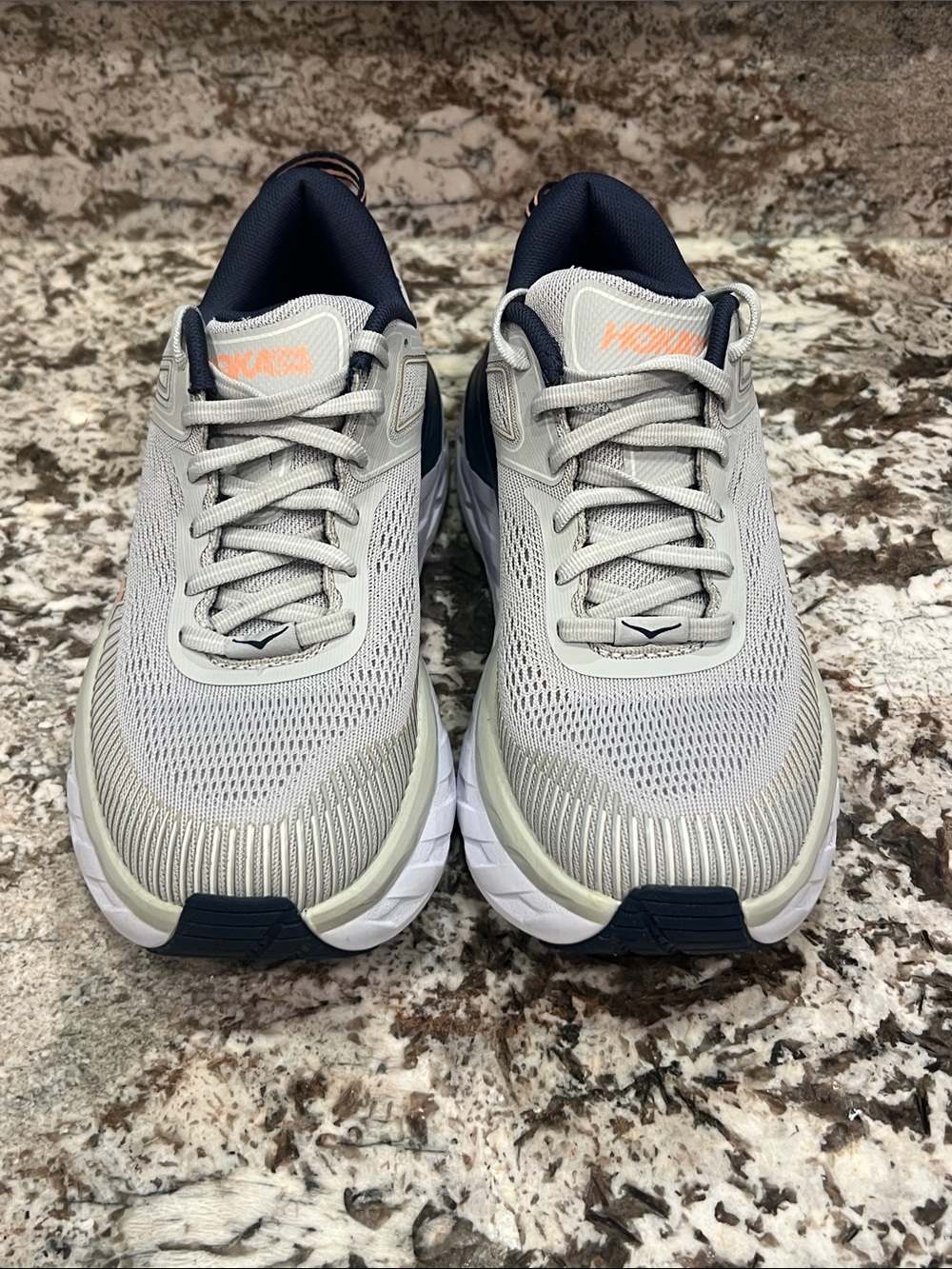 Hoka Women's Bondi 7 Sneakers in Light Gray, Navy & Peach - Picture 2 of 7